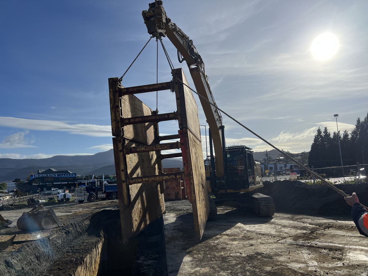 Shoring install on deep excavation